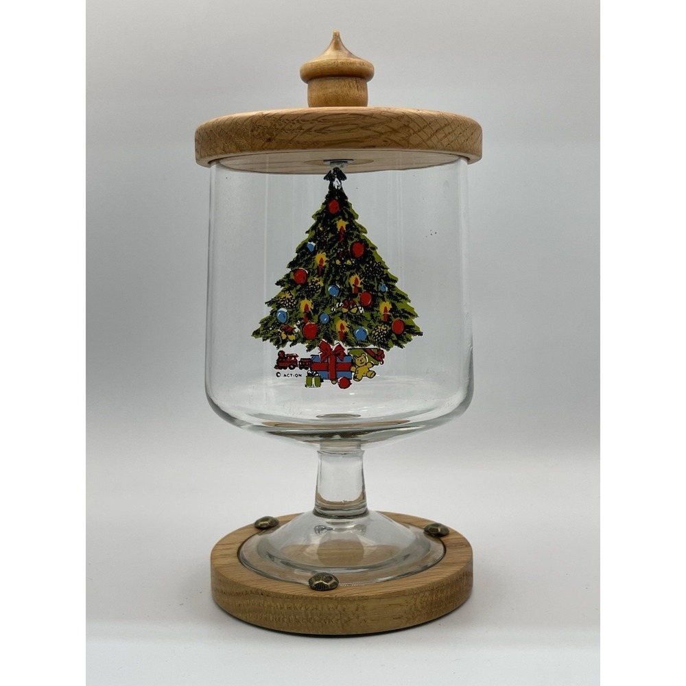 Vintage Christmas Tree Glass Apothecary Jar with Wood Lid and Base Pedestal